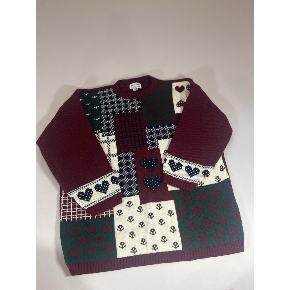 Vintage New Addition Maternity Patchwork Sweater Medium | Burgundy Cottagecore - Picture 9 of 14